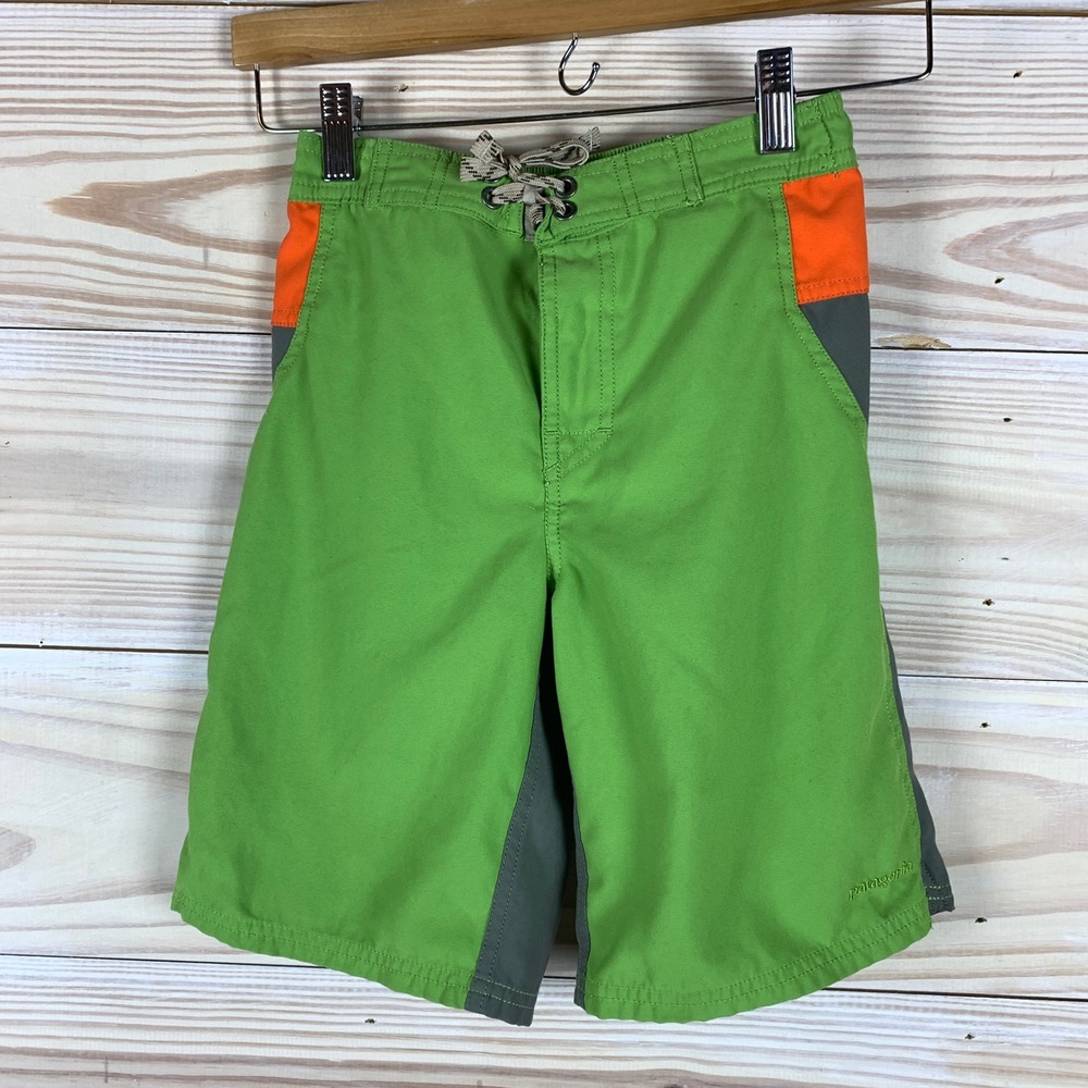 Patagonia Board Shorts Boys M 10 Green Orange Grey Colorblock Swim Trunks
